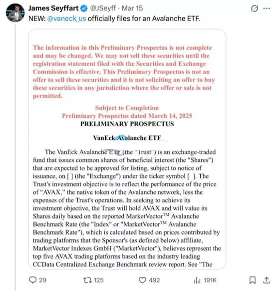 ETF发行机构VanEck向SEC提交Avalanche ETF申请书!AVAX一度冲破19美元